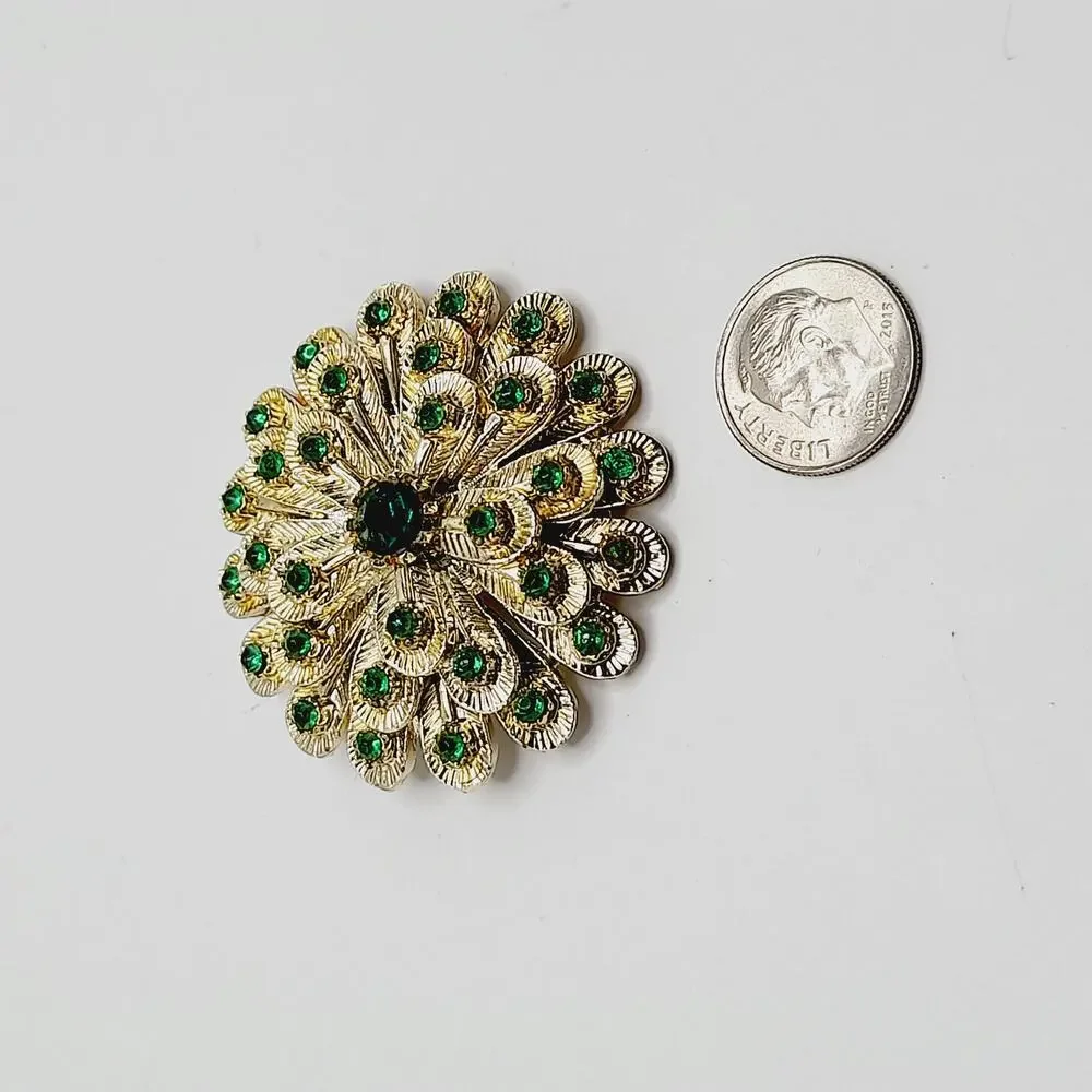 Vintage Green Rhinestone Floral Brooch Gold Tone Mum Style